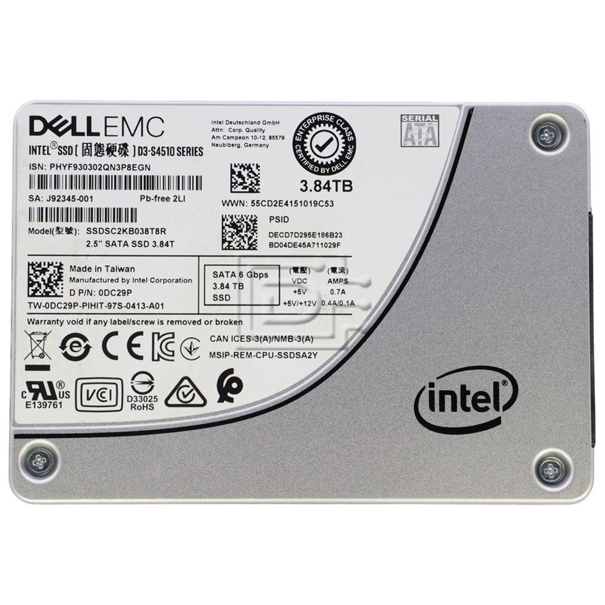 Intel SSDSC2KB038T8R 2.5" 3.8TB Solid State Drive (SSD), Silver (Refurbished - Excellent)