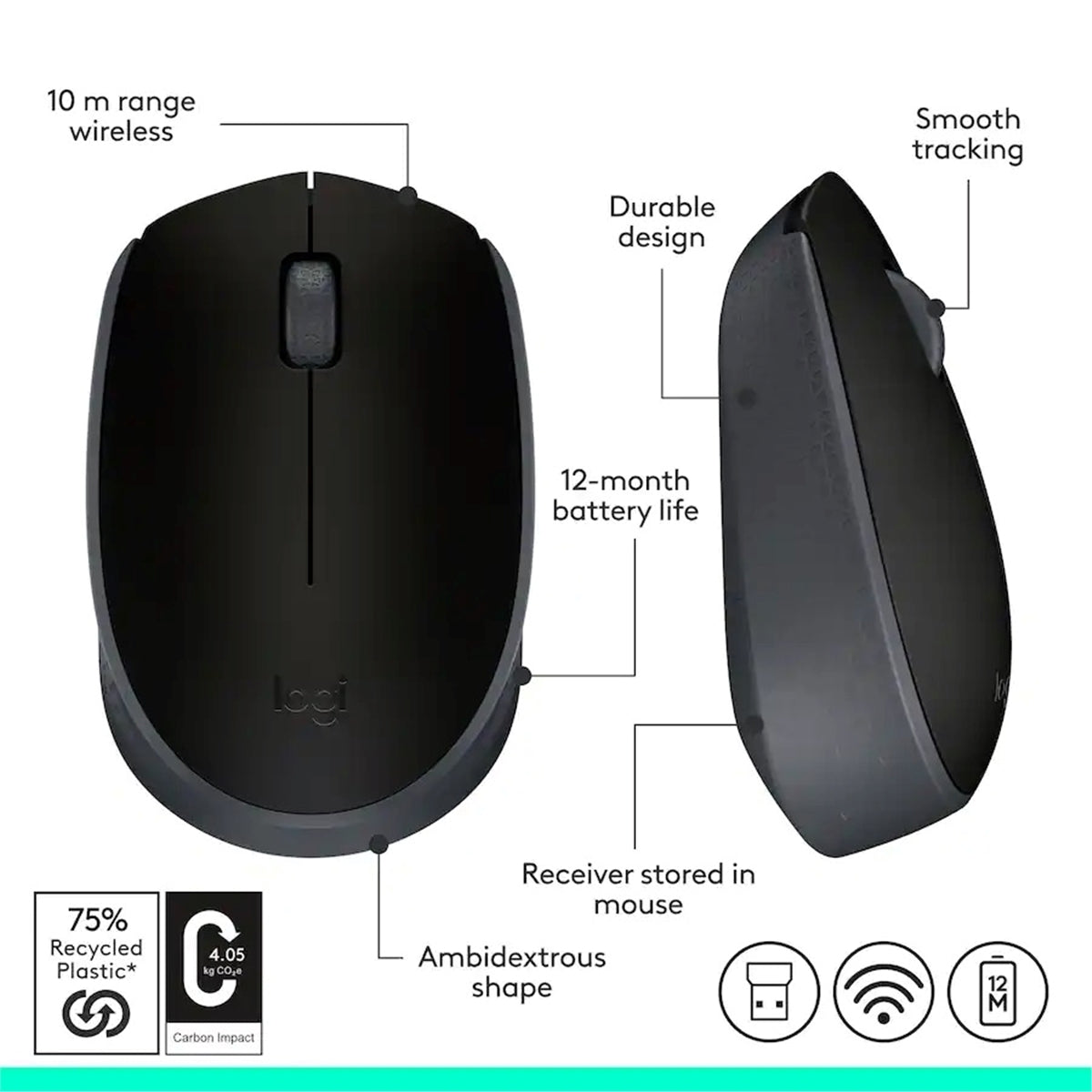 Logitech - M170 Wireless Compact Optical Ambidextrous Mouse - Wireless - Black (New)