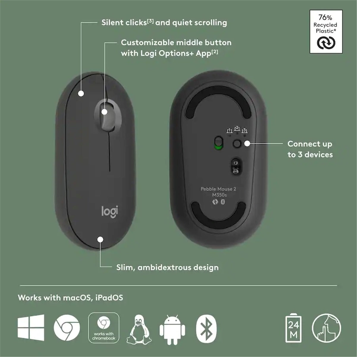 Logitech - Pebble Mouse 2 M350s Slim Lightweight Bluetooth Mouse (New)