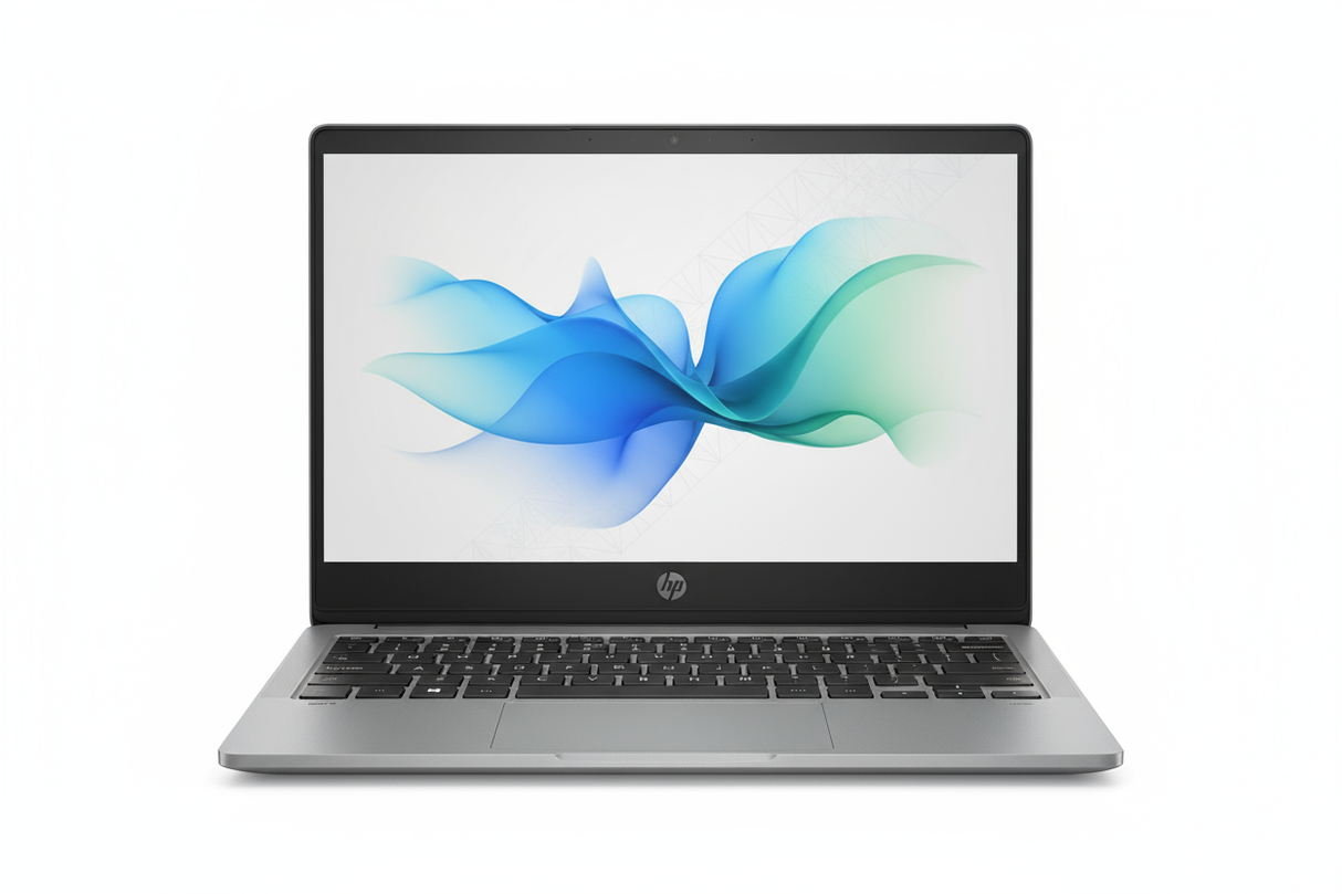 HP CHROMEBOOK 14A CELERON white background, Laptop facing directly forward with wallpaper, fits 1080 x1080 px