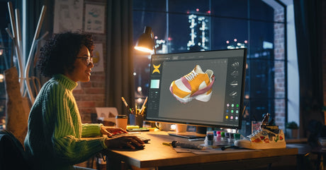A person in a green sweater sitting at a desk while holding a stylus and designing a sneaker on a large monitor screen.