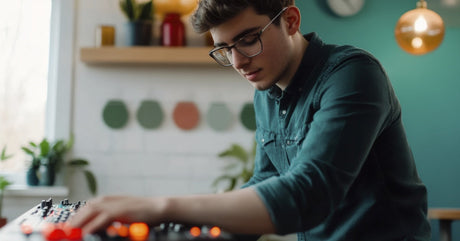 A young man adjusting audio equipment with glowing controls in a modern home studio filled with warm light.