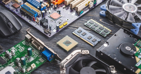 Various computer parts including the motherboard, RAM, CPU, cooling fans, a hard drive, and graphics card placed on a table.