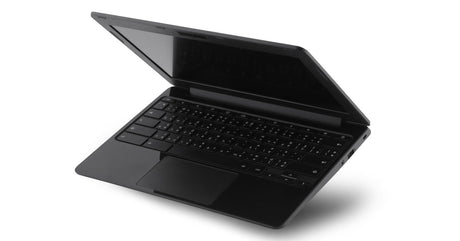 A black laptop is partially open because the screen is tilted forward. It sits against a white background.