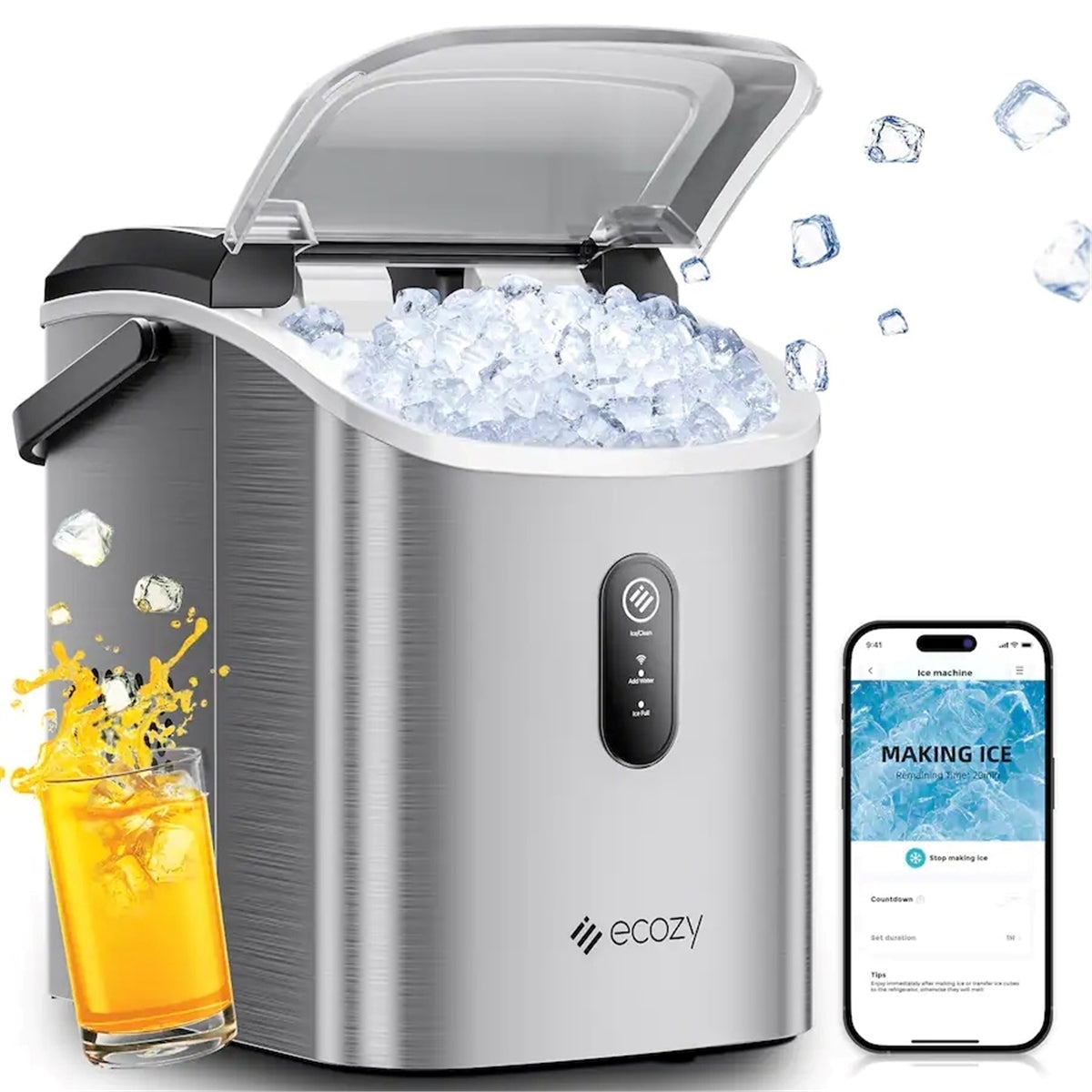 Ecozy EZN280BS 33-Lb. Smart Countertop Nugget Ice Maker, Stainless Steel (New)