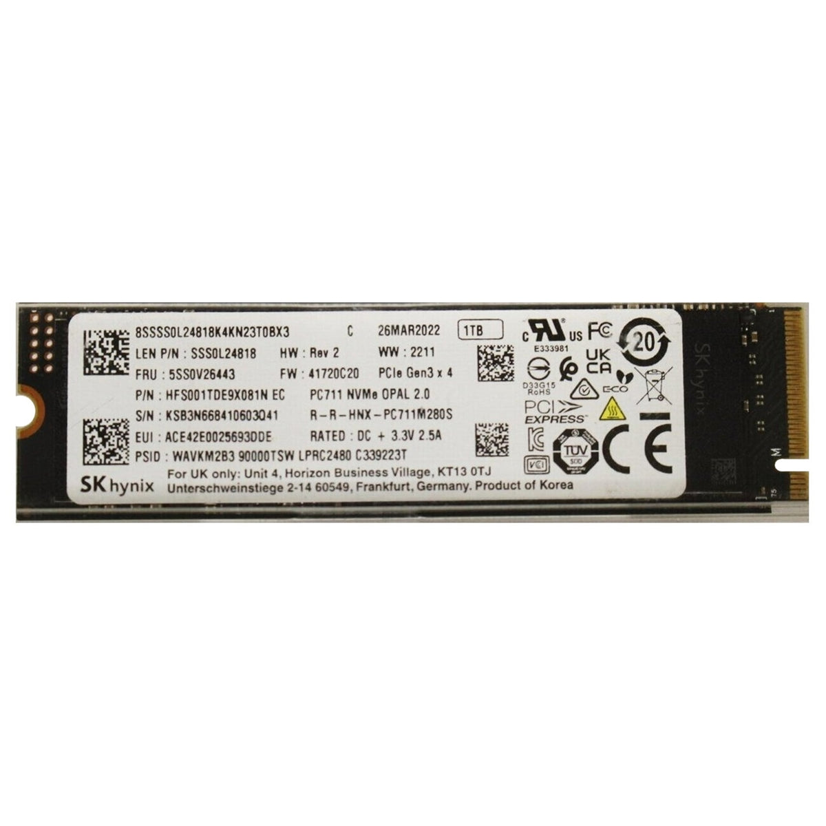 SK Hynix 1TB M.2 2280 NVMe PCIe 3.0 SSD HFS001TDE9X081N EA PC711 Internal Drive (Refurbished - Excellent)