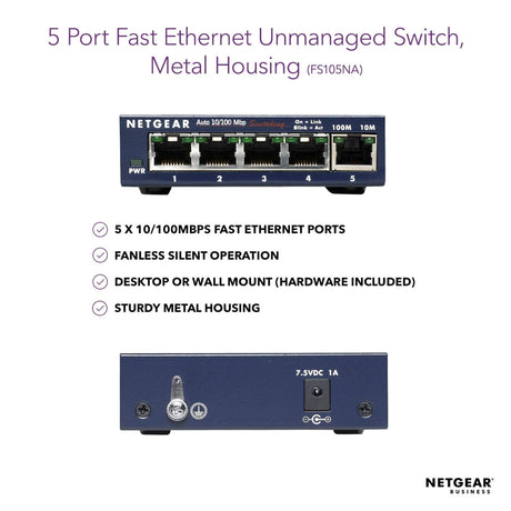 NETGEAR 5-Port Fast Ethernet 10/100 Unmanaged Switch (FS105) (New)