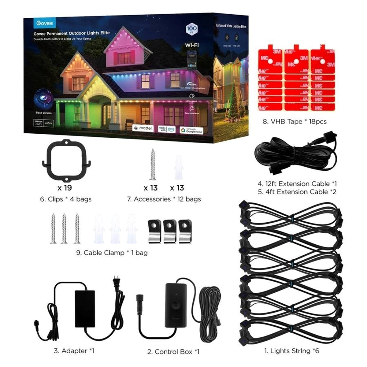 Govee - Wi-Fi RGBIC Outdoor Permanent String Lights 100ft - Black (New)