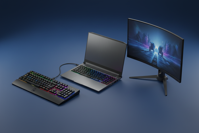 gaming devices such as laptops, keyboards, screens. No logo or text and blue background 